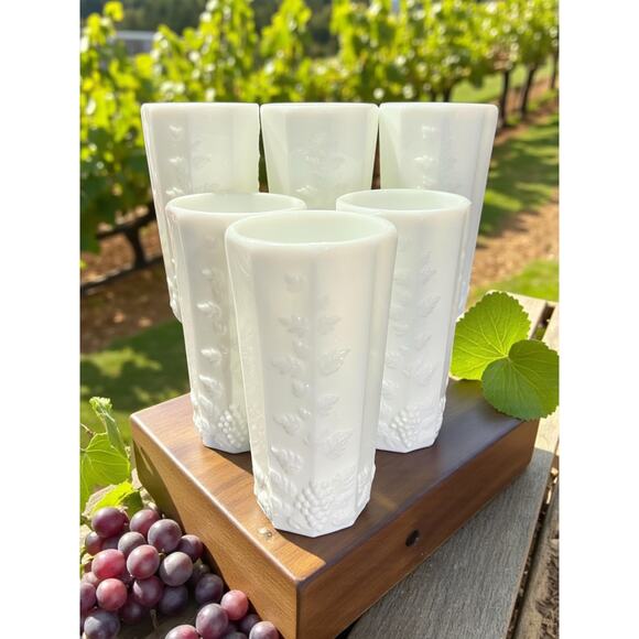 Westmorland Paneled Grape Milk Glass Tumblers-Set of 6-Vintage White Cups-Retro - Picture 6 of 7